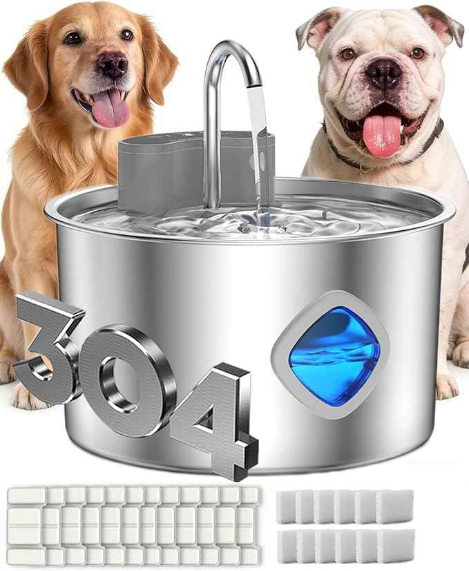 Water Bowl, Cordless Dog Water Fountain with Faucet-Style Flow, 3 Smart Dispensing Modes, Ultra-Quiet Pump, 3.2L Stainless Steel Dog Water Bowl for Dogs Cats (Bowl+12Set Filter)