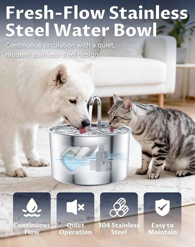 Dog Water Bowl - 3.2L Stainless Steel Dog Water Fountain, Multi-Filtration and Steady Water Circulation, Easy to Clean, Pet Water Fountain with Ultra-Quiet Pump for Dogs Cats (2Set, 8+8 Filter)