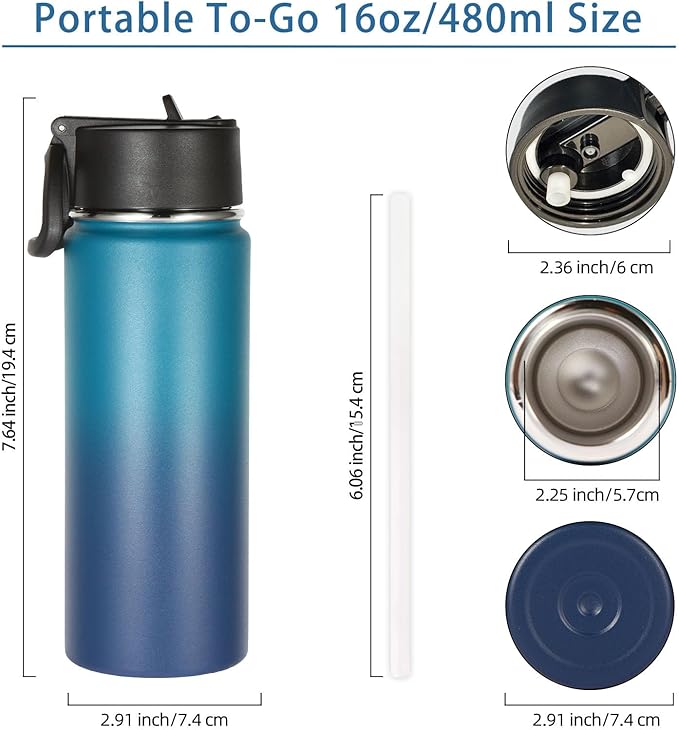 Volhoply 16 OZ Kids Water Bottle Bulk 2 Pack,Insulated Sports Bottles with Straw Lid,Stainless Steel Bottle with Handle Keep Cold & Hot,Double Wall Vacuum Tumbler Cups for School(Dark Night, 2)