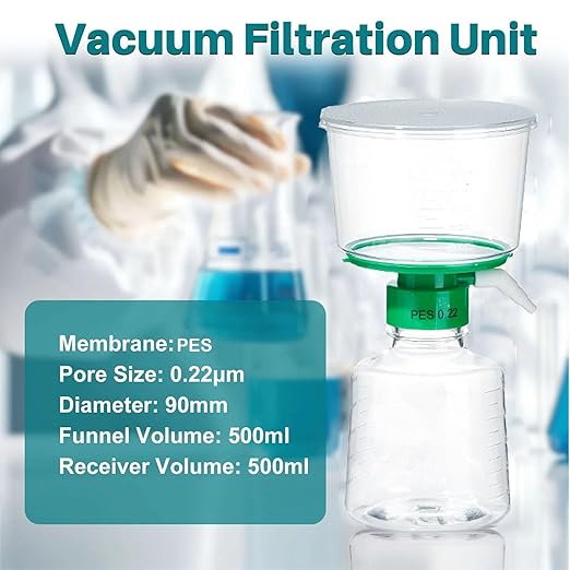 500ml Vacuum Filter Units - PES Bottle Top Vacuum Filter 0.22μm, Individually Wrapped,Pack of 1