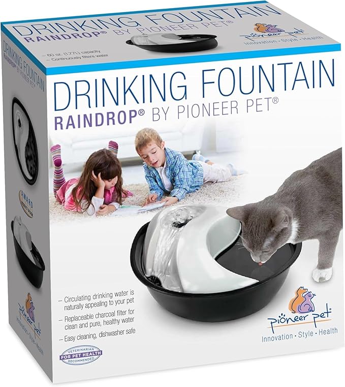 Pioneer Pet Raindrop Fountain, Pet Drinking Fountains (60 oz., Plastic -Black & White)