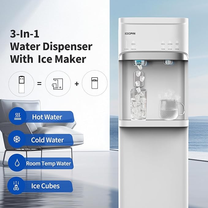 Self Clean Bottom Load Water Cooler Dispenser Built-in Ice Maker for 5 Gallon 3 Temperature Settings 22lbs Daily Capacity White