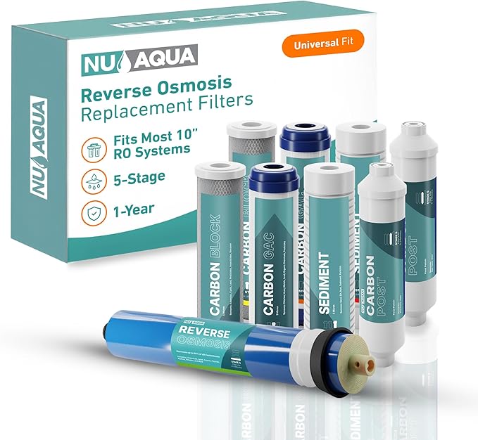 NU Aqua Reverse Osmosis Water Filter System Replacement Set - 5 Stage 1 Year Under Sink Kit - Includes Membrane, Sediment, Carbon Filters, Parts & Fittings - Universal RO Filtration Cartridge Pack - AquaVibe