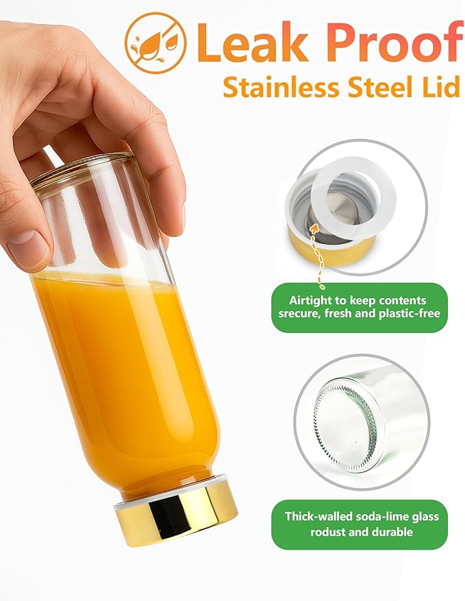 Zukro Glass Water Bottles with Gold Lids 10.5 oz, 8 Pack Clear Reusable Glass Small Juice Bottles for Juicing, Milk, Ginger Shot, Stainless Steel Cap, BPA-Free Leak Proof 300ml Drinking Container Jar