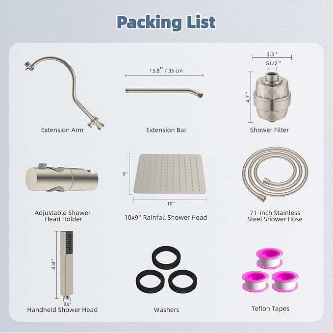 Hibbent All Metal 10'' Filtered Rainfall Shower Head, High Pressure Showerhead combo with 4-mode Handheld Spray, 12'' Extension Arm, Extension Bar with Holder, Shower Filter, Brushed Nickel