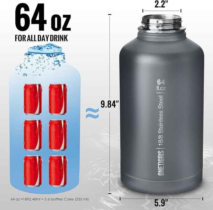 ONETIGRIS Tactical Half Gallon Water Bottle with Straw - 64 oz Vacuum Insulated Stainless Steel Water Jug, Leakproof Sport Bottle with 3 BPA Free Lids, Paracord Handle & MOLLE Water Pouch for Outdoor