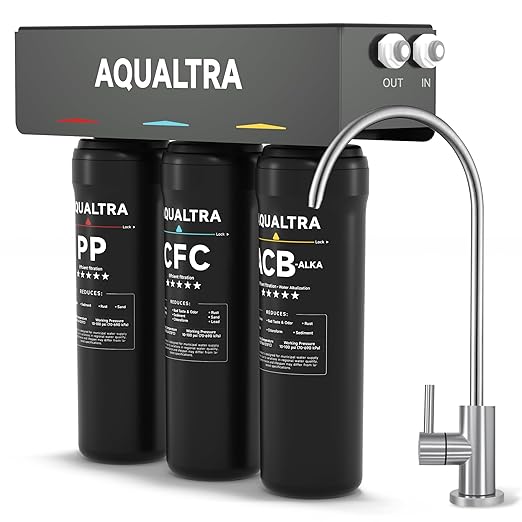AQUALTRA USF-3F-10 Slightly Alkaline Under Sink Water Filtration System, 8K-32K Gallons with Faucet, 0.5 μm Carbon Fiber Filter Reduces Chlorine, Chloramine, Fluoride, Bad Taste & Odor