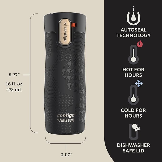 Contigo x Ally Love Stainless Steel Vacuum-Insulated Travel Mug with Autoseal and Easy Clean Lid,Spill-proof,Keeps Drinks cold 24 hrs & hot for 11 hrs,BPA Free,16oz.,West Loop 3.0,Licorice,(Pack of 4)