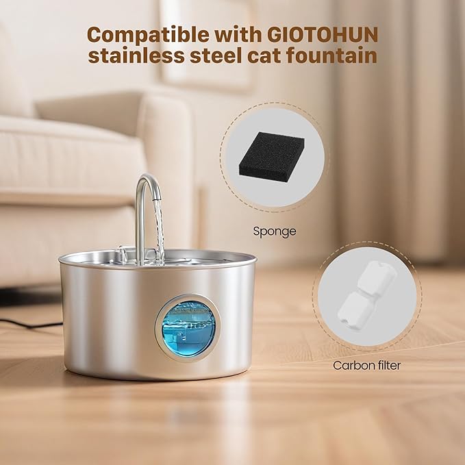 GIOTOHUN Pet Fountain Filter Replacement: 32 Cat Water Fountains Filter -16 Carbon Filters & 16 Foam Filters - Suitable for GIOTOHUN Stainless Steel Cat Fountain S11