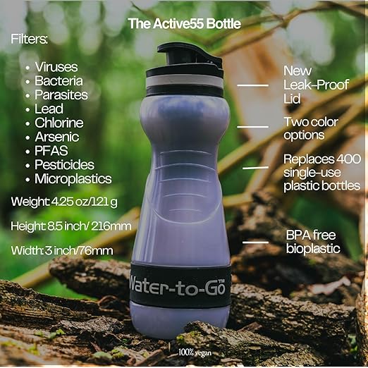 Small Filtered Water Bottle (18.5oz/55cl) Value Bundle with Three Filters, Nanofiltration Water Bottle with Filter for Travel, BPA-Free Bioplastic. Green