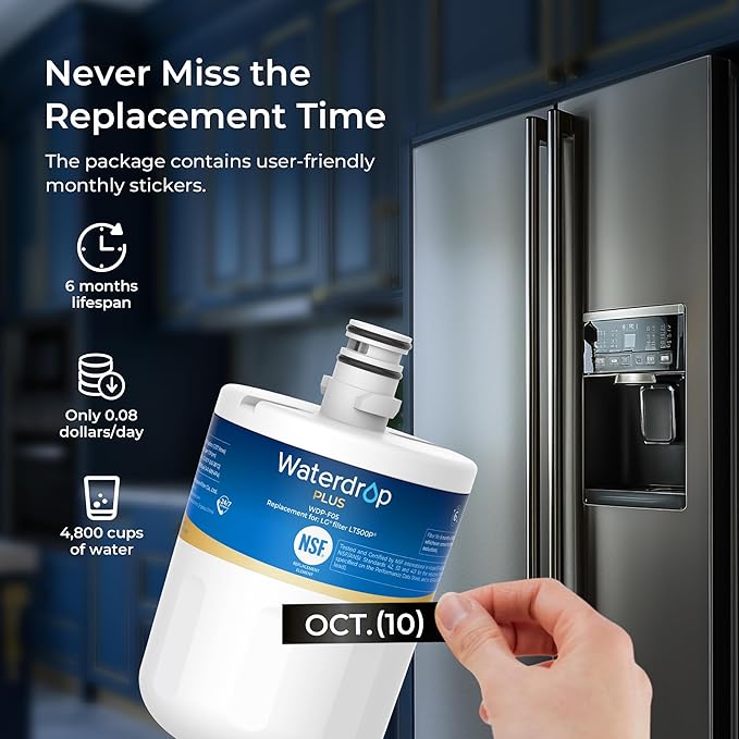 Waterdrop Plus 5231JA2002A NSF 401&53 Refrigerator Water Filter, Reduce PFAS, Replacement for LG® LT500P®, ADQ72910911, ADQ72910901, Kenmore 9890, GEN11042FR-08，3 Filter (Package May Vary)
