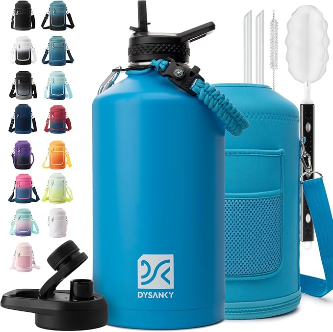 1 Gallon Water Bottle Insulated | Thickened Stainless Steel Vacuum Metal Water Jug | Portable Sports Large for Gym and Hiking with Straw, Carrier Bag, Handle Strap | BPA-Free 128 oz