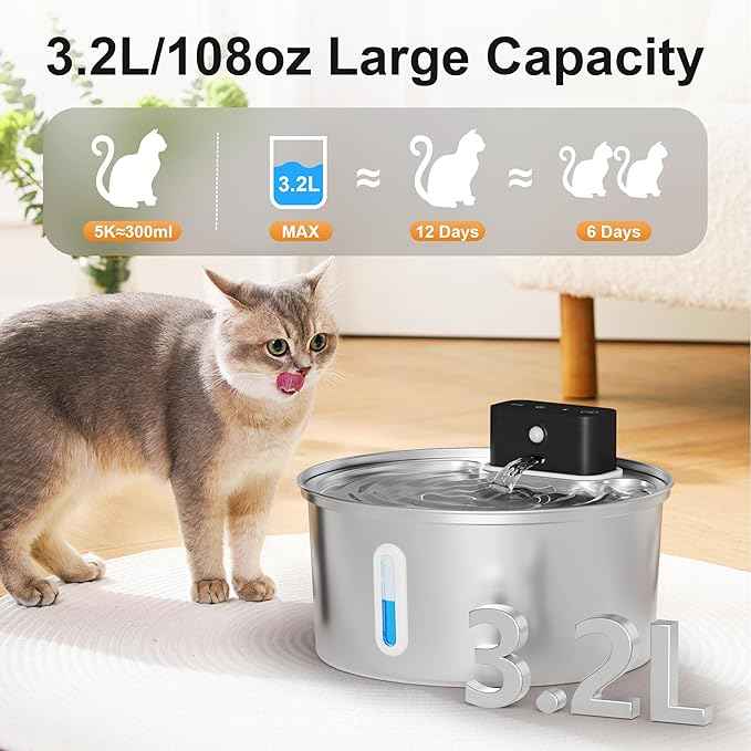 Casfuy PWL-008 Wireless Smart 3-Mode Stainless Steel Cat Water Fountain, 108-oz