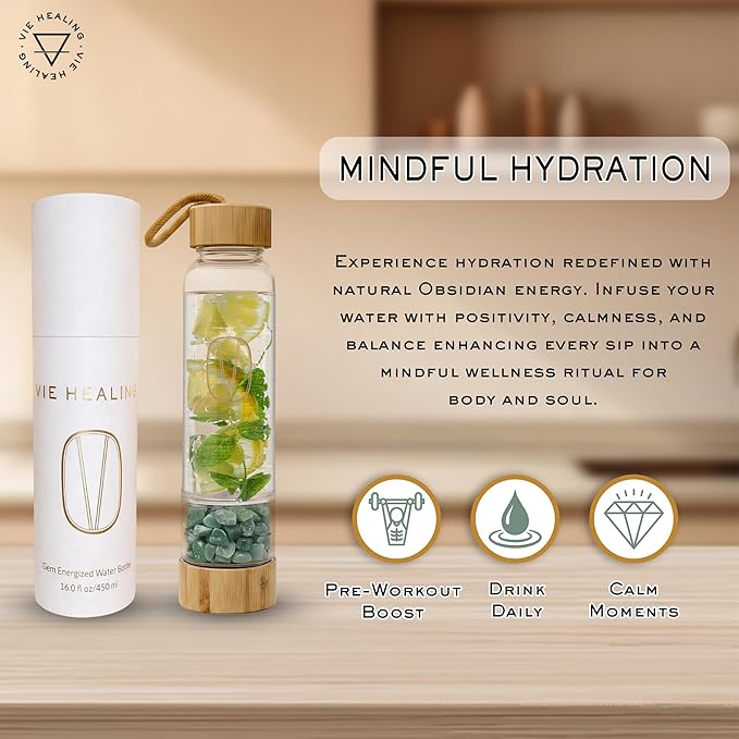 Vie Healing Gem Infused Aventurine Crystal Water Bottle, 16oz | Crystal Glass Bottle for Mindful Hydration, Daily Balance & Style | Eco Friendly Reusable Water Bottle for Home, Office, Gym & Travel