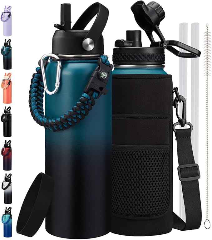 32/40/64/128 oz Insulated Water Bottle 40 oz, (Cold for 48H), Leak Proof Food-Grade Stainless Steel Water Jug With Auto Spout and Straw Lid, Portable Paracord Handle & Carrier Bag for Men Women Gym