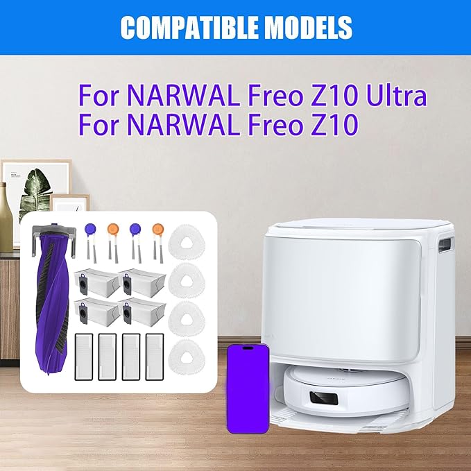 17 Pack Accessories Kits Replacement Parts for Narwal Freo Z10 Ultra/Freo Z10 Robot Vacuum Cleaner, 1 Main Brush, 4 Hepa Filters, 4 Wipe Cloths, 4 Dust Bags, 4 Side Brushes - AquaVibe