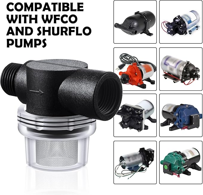 2 Pcs Water Pump Strainer Filter Set Include Twist on Pipe Filter and Extra 50 Mesh Stainless Steel Screen, Rv Replacement 1/2 Inch Twist-on Pipe Strainer Compatible with WFCO or Shurflo Pump