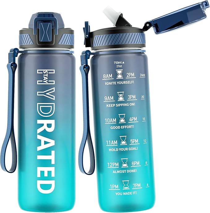 Water Bottle with Straw, 27oz Motivational Water Bottles with Time Marker to Drink, Tritan BPA Free, 750ml Sports Water Bottle with Carry Strap LeakProof for School Fitness Outdoor (1Pack)