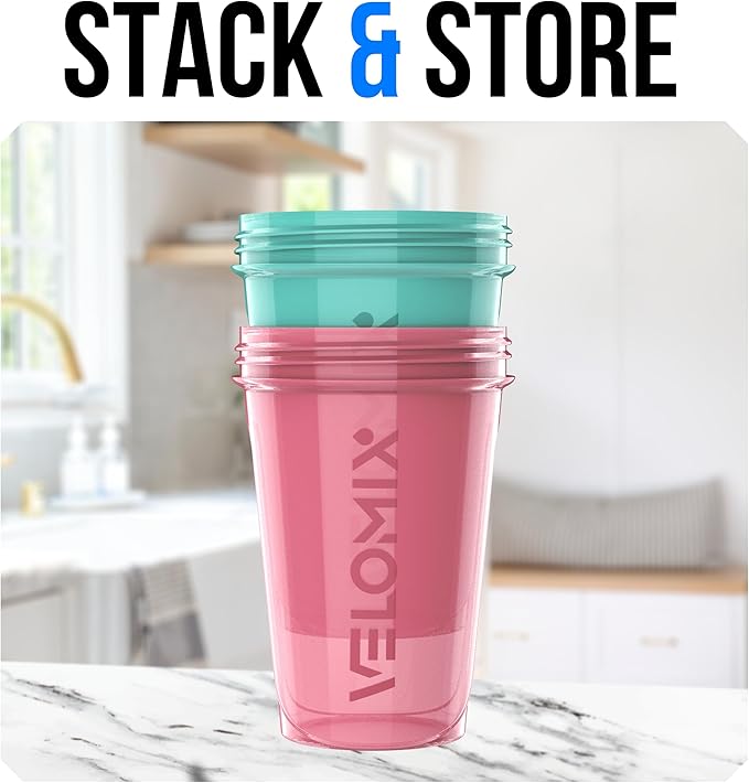 VELOMIX -2 Pack- 20 oz Protein Shaker Bottles for Protein Mixes - 2x Wire Whisk | Leak Proof Shaker Cups for Protein Shakes and Pre Workout | Protein Shaker Bottle Pack (Pink/Turquoise)