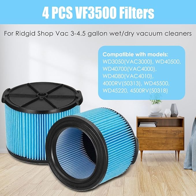 ANBOO 4 Pack VF3500 Replacement Filters for Ridgid Shop Vac 3-4.5 Gallon Wet/Dry Vacuum Cleaners + 2 Pack VF3501 Vacuum Filter Bags Compatible with Shop Vac 3-4.5 Gallon Vacuums - AquaVibe