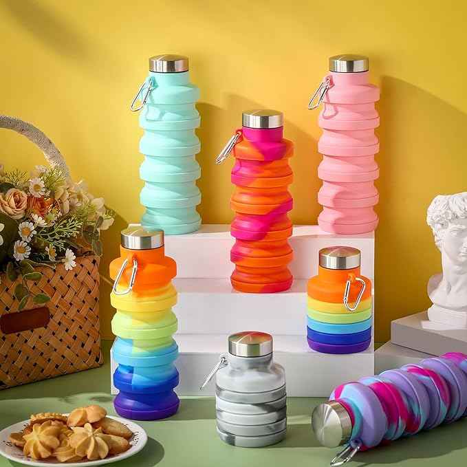Sunnyray Collapsible Water Bottles Bulk Foldable Water Bottles 17oz Silicone Portable Leak Proof Reusable Sports with Clip for Travel Hiking Camping Outdoor(Tie-dye,20 Pack)
