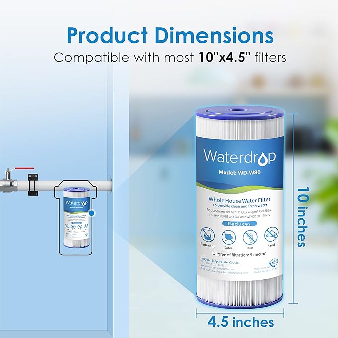 Waterdrop FXHSC Whole House Water Filter, Replacement for GE® FXHSC, GXWH40L, GXWH35F, American Plumber W50PEHD, W10-PR, Culligan® R50-BBSA, 5 Micron, 10" x 4.5", High Flow Sediment Filters, Pack of 2