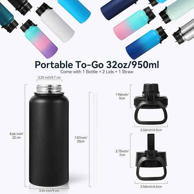 Neihepal 32 oz Insulated Water Bottles with 2 Lids (Straw & Spout Lid), 18/8 Stainless Steel Double Wall Water Bottle for Gym, Travel, Camping, Sports (Black,2 Pack)