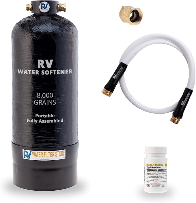 Essential RV Water Softener Portable 8,000 Grain w Custom Hose, 3/4" Fittings, Softens Hard Water for RV's Vanlife Nomads Boondockers, New Lighter & Compact Model Easy Storage
