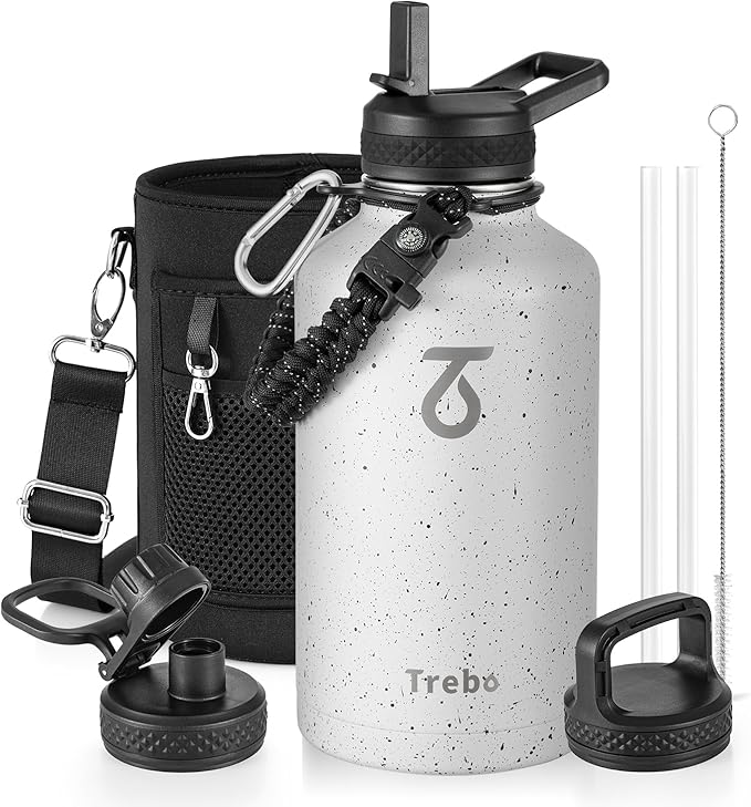 Trebo Water Bottle 64oz with Paracord Handle, Half Gallon Large Vacuum Double Wall Stainless Steel Insulated Water Jug with Holder Strap Straw Spout Lids, Leakproof Keep Cold & Hot,Starry White