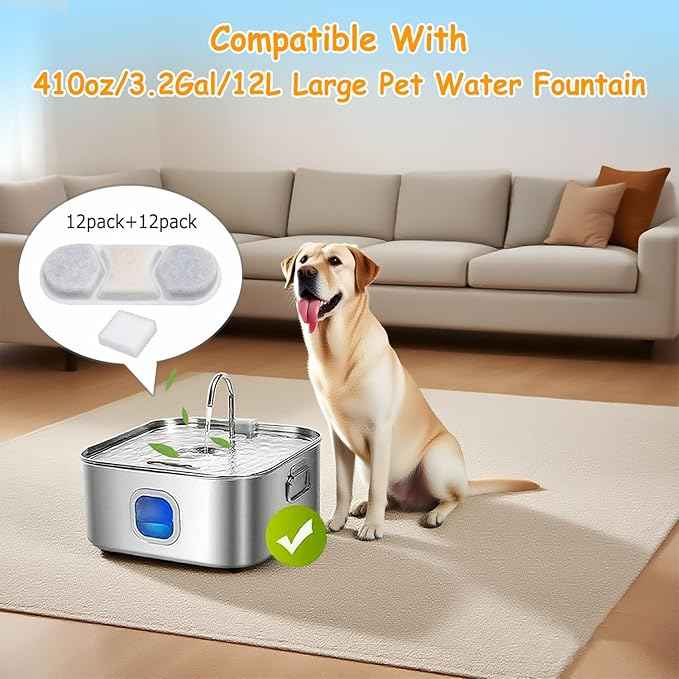 12 Pack Dog Water Fountain Filters Fit for WF120 Large Dog Water Bowl Dispenser 410oz/3.2Gal/12L Automatic Pet Fountain