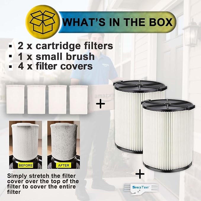 2 Pack VF4000 Filter Replacement for Rigid Shop Vac Filter, Standard Wet/Dry Vac Filter 72947, compatible with RIDGID most 5-20 Gallon and Husky 6-9 Gallon Vacuums, with 4 Pack Filter Covers - AquaVibe