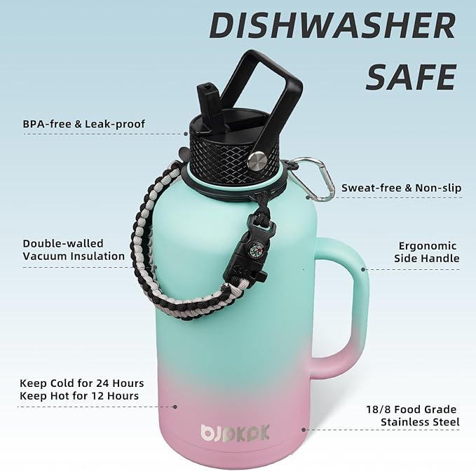 BJPKPK Half Gallon Insulated Water Bottles with Straw Lid & Side Handle, 64oz Large, Stainless Steel Water Bottles with 3 Lids and Paracord Strap, Metal Water Jug,Marshmallow