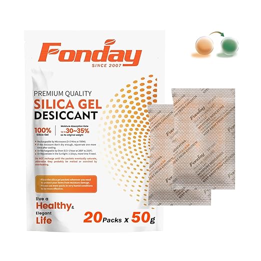 50Gram 20Packets Fonday Rechargeable Silica Gel Desiccant Packets Food Grade Fast Reactivate Desiccant Bags Moisture Indicating Orange to Green