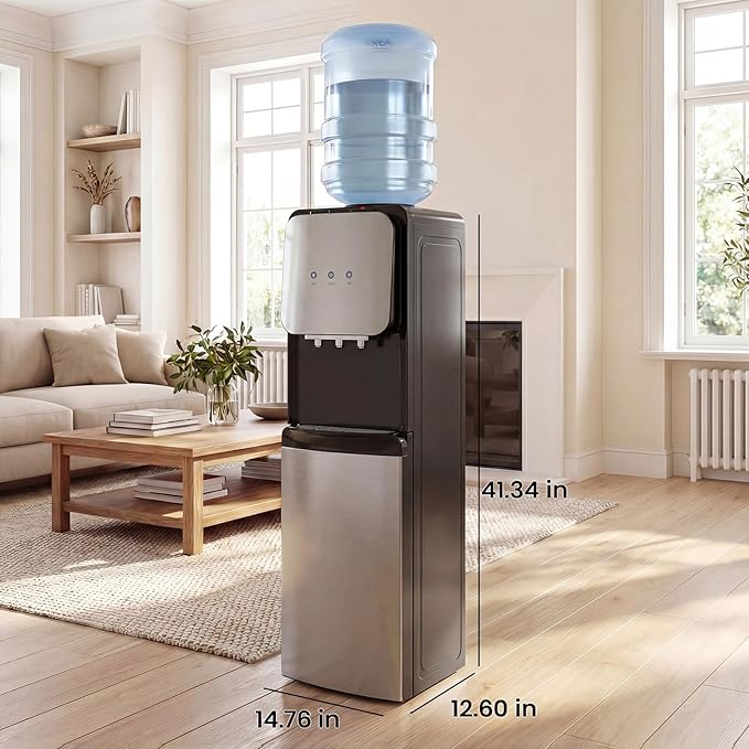 4 in 1 Water Cooler Dispenser with Ice Maker, Hot & Cold Water Dispenser for Home & Office, 33lbs/24H Bullet Ice, Top Loading 3-5 Gallon, Child Safety Lock, Ice Ready in 7 Min (Black -Silver)