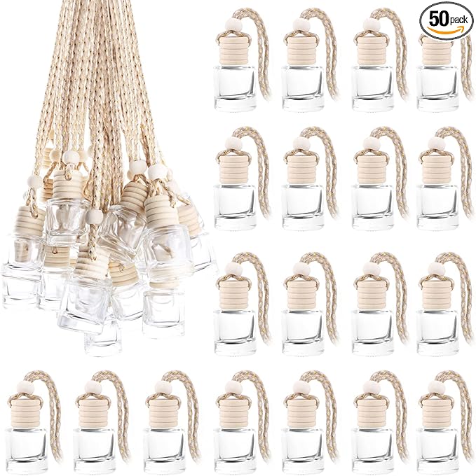 50 Pcs/Set,8ml Hanging Car Air Freshener Diffuser,Empty Refillable Clear Glass Essential Oil Fragrance Perfume Diffuser Pendant Glass Vials with Wooden Caps & Hanging String,Cylindrical Style