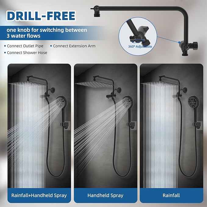 12" All Metal Shower Head, High Pressure Rainfall Shower Head/Handheld Showerhead Combo with 11" Adjustable Shower Extension Arm, 71" Hose, Shower Head Holder, Matte Black