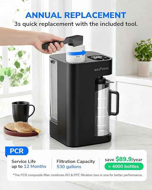 Ecoviva Mate 3 Countertop Reverse Osmosis Water Filter, 8-Stage RO Water Filtration System with 44oz Water Pitcher Smart Auto-Filling, Water Purifier, 3:1 Pure to Drain, Black