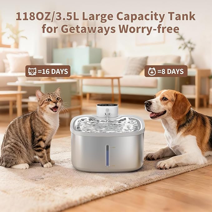 Cat Water Fountain Stainless Steel Wireless 118oz/3.5L–Cordless Battery-Operated Pet Water Dispenser with All-in-One Rechargeable Pump, 3 Smart Flow Modes,Quiet Indoor Fountain for Cats & Dogs