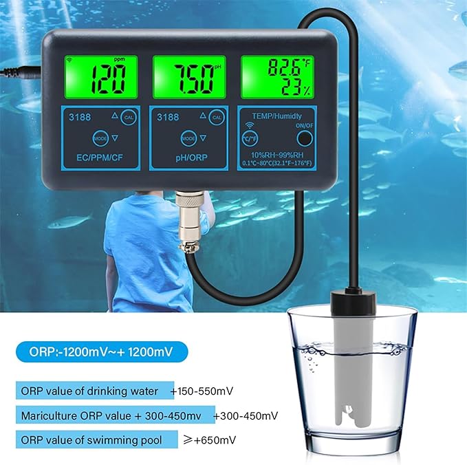 Water Quality Tester Detector, EC/CF/ORP/PH/PPM/Humidity/Temperature Tester, Smart Water Quality Meter Monitor for Aquariums Pool Hydroponics
