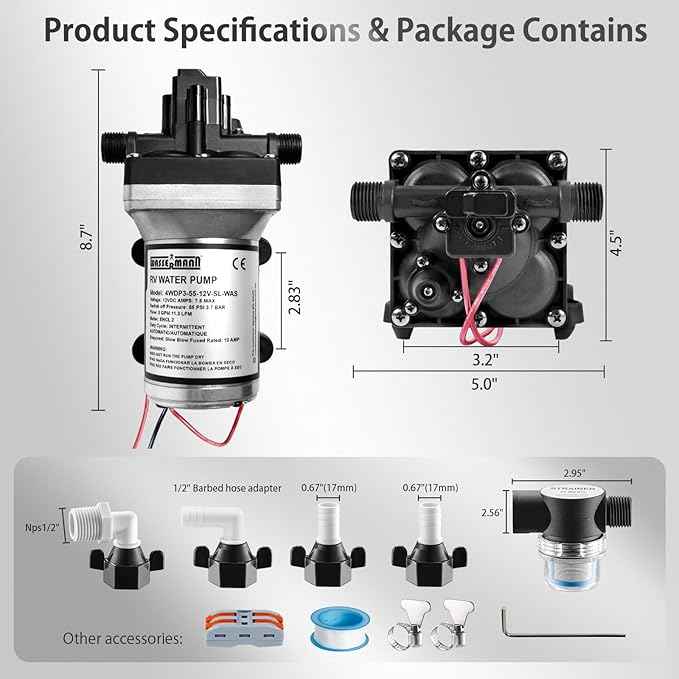 WASSERMANN RV Water Pump 12V DC 4008-101-A65/E65 Replacement, 3.0 GPM 55PSI, Quiet Water Pump for Camper RV Shower Garden Industrial Yacht Sprayer Food Truck Travel Trailer Water Pumps with Acessories