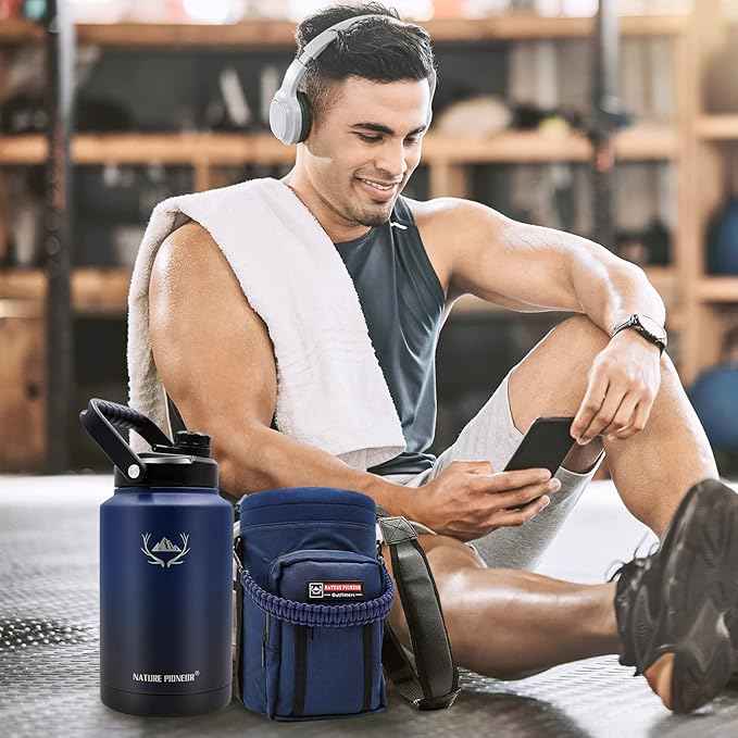 NATURE PIONEOR 1 Gallon Insulated Water Bottle - Double Vacuum Stainless Steel 128 oz Water Bottle with Holder/Carrier, Wide Mouth 1 gallon Water Jug for Outdoor Sports, Hiking, Camping, Gym