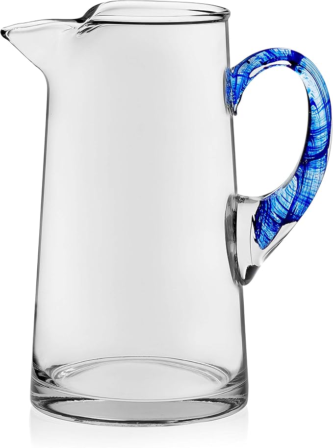 Libbey Cabos Large Glass Pitcher, 90 Oz Handcrafted Glass Water Pitcher with Spout and Blue Handle, Artisan-Inspired Water Carafe for Tables, Kitchen