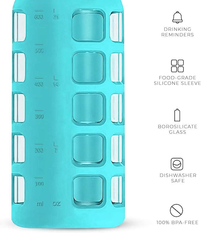 purifyou 40oz / 32oz / 22oz / 12oz Borosilicate Glass Water Bottle with Time & Volume Markers, Silicone Sleeve, Stainless Steel Lid | Reusable Glass Bottle for Water & Juice (22oz Aqua Blue)