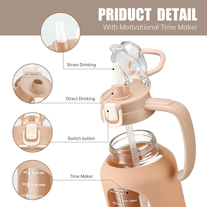 64 oz Glass Water Bottle with Handle and Straw Large 2L Water Bottle with Time Markers and Silicone Sleeve Half Gallon Water Jug BPA Free for Gym Daily Use