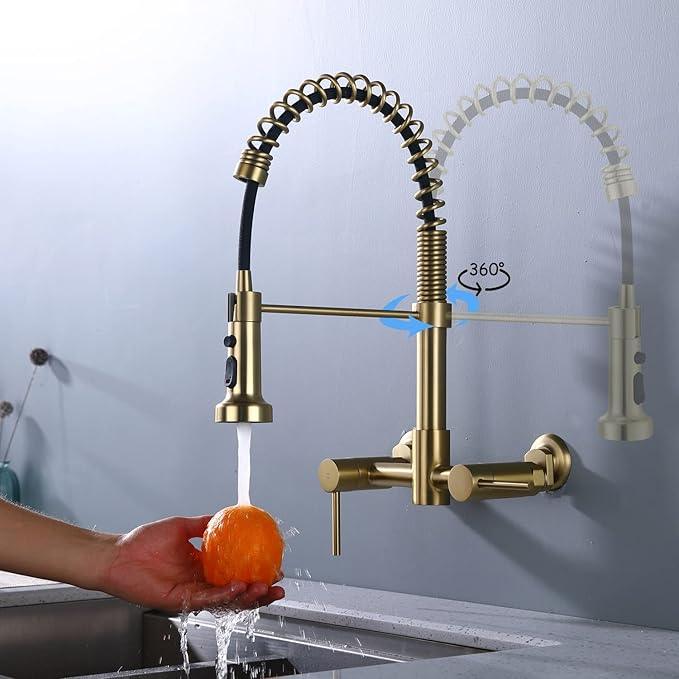 Wall Mount Kitchen Faucet, 8 Inch Center Wall Mount Kitchen Sink Faucet with Pull Down Sprayer, Commercial Brushed Gold