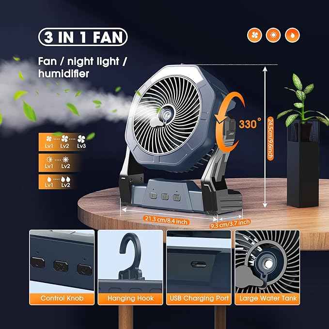 Ausic 10W Misting Solar Fan, 250ml Portable Outdoor Fans with Solar Panel, 8 Inch Battery Operated Rechargeable Cooling Fans with Hook, Camping Water Spray Fan for Travel/Beach/Patios/Chicken Coop