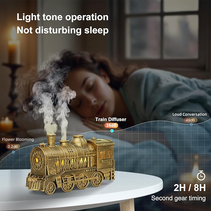 Train Diffuser 300ml, Aromatherapy Diffuser Cool Mist Ultrasonic Aroma Train Diffuser with Remote Control 2 Light 2 Mist Mode Auto Shut-Off for Bedroom Office Hotel(Bronze)