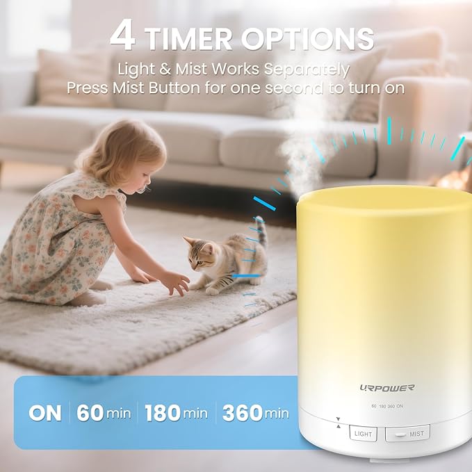 URPOWER 300ml Aromatherapy Essential Oil Diffuser Ultrasonic Air Humidifier AUTO Shut Off Scent Diffuser Night Light 7 Color Changing LED Lights and 4 Timer Settings for Bedroom Office Home
