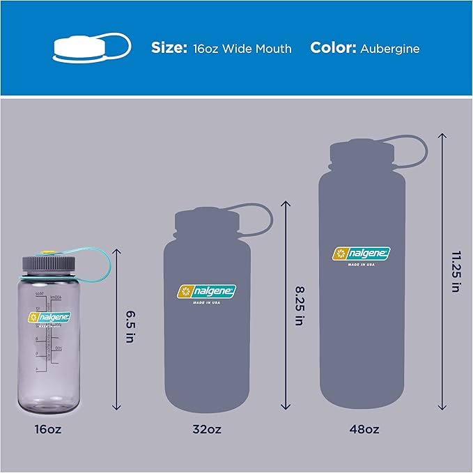 Nalgene 16 oz Wide Mouth Water Bottle | BPA-Free, Durable & Leak Proof, Lightweight Travel Bottle, Fits In Cupholders, Aubergine
