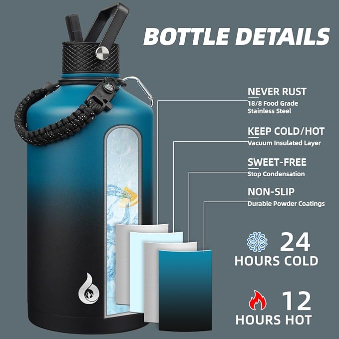 BJPKPK 1 Gallon Water Bottle with Straw Lid, 128oz Large, Stainless Steel Water Bottles with 3 Lids and Paracord Strap, Double Wall Vacuum Metal Water Jug, Blue & Black